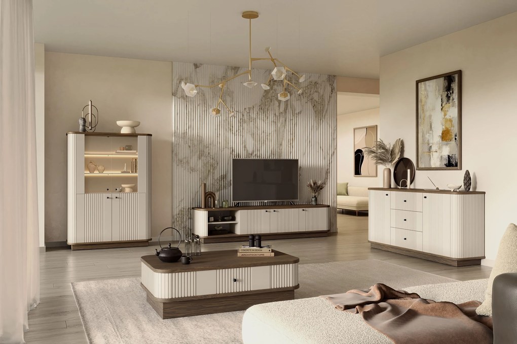 Stolik kawowy Vesper 103x60 cm z szufladą na cokole - kaszmir / orzech / czarny uchwyt