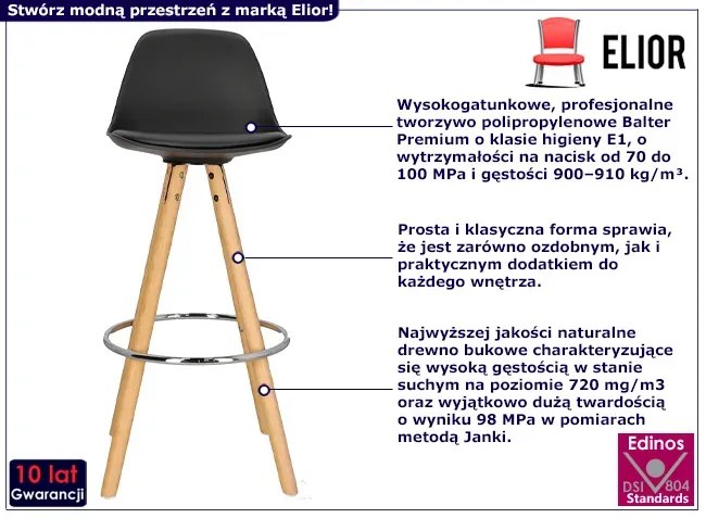 Nowoczesny hoker z dębowymi nogami i czarnym siedziskiem - Emiko