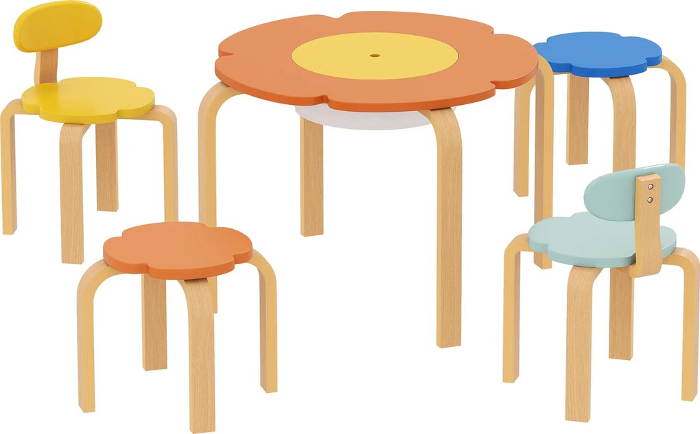 AIYAPLAY 5-częściowy zestaw stolik i krzesła dla dzieci, z torbą do przechowywania, w kształcie kwiatu, do pokoju zabaw, pokoju dziecięcego, drewno, kolorowy