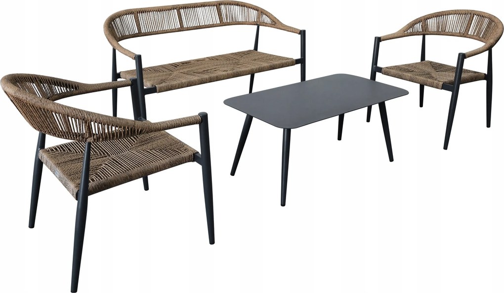 Zestaw mebli ogrodowych pleciony beżowy rama szara ławka, 2 krzesła, stolik
