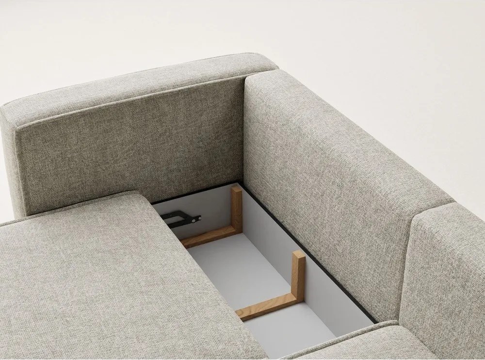 Beżowy rozkładany narożnik ze schowkiem z tkaniny szenilowej (prawostronny/z szezlongiem) Velto – Maison de Rêve