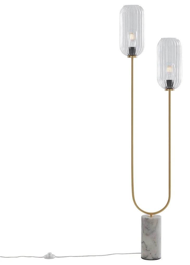 Lampa stojąca w stylu art deco mosiądz z przezroczystym szkłem 2-światła - Rid ArtDeco Oswietlenie wewnetrzne