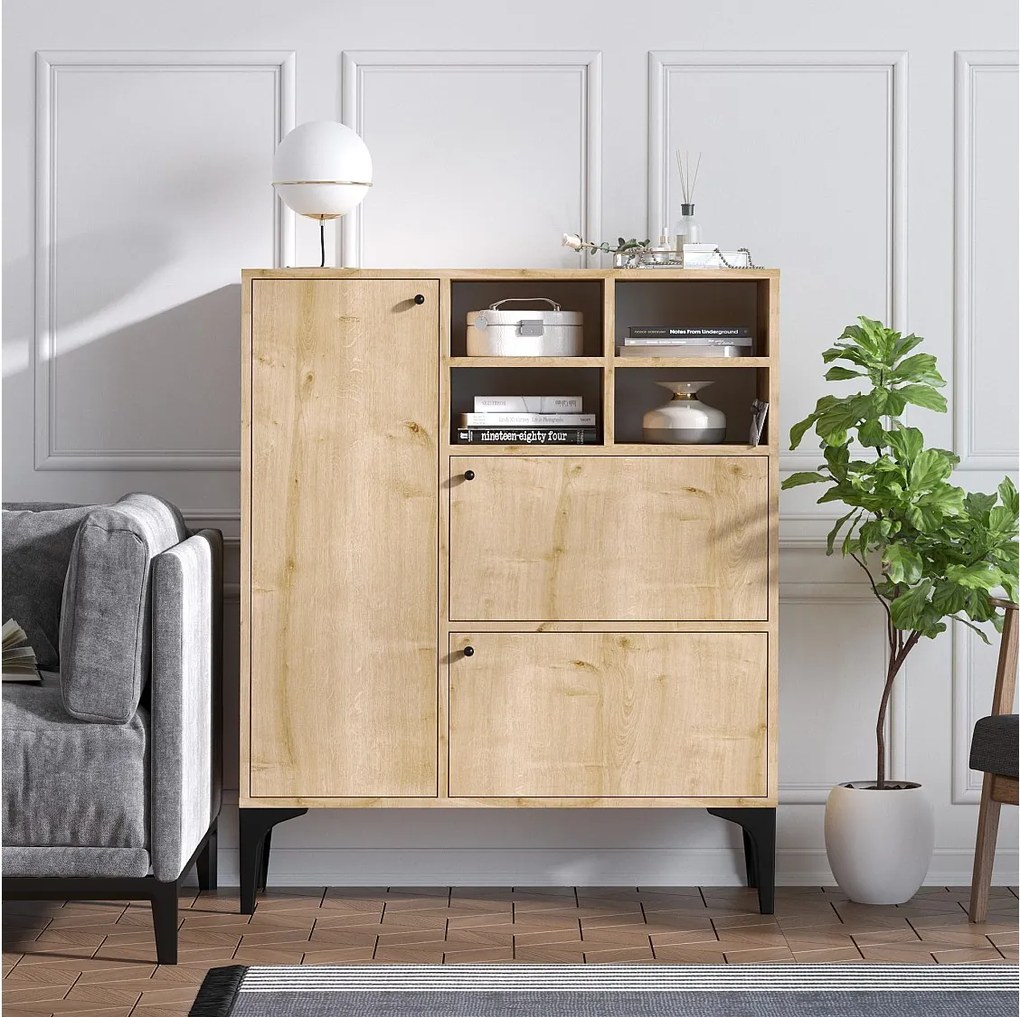 Bufet drewniany "Ewa" 100x35x125 cm Dąb Szafir - 3 Drzwi, 4 Półki, Styl Tradycyjny i Skandynawski