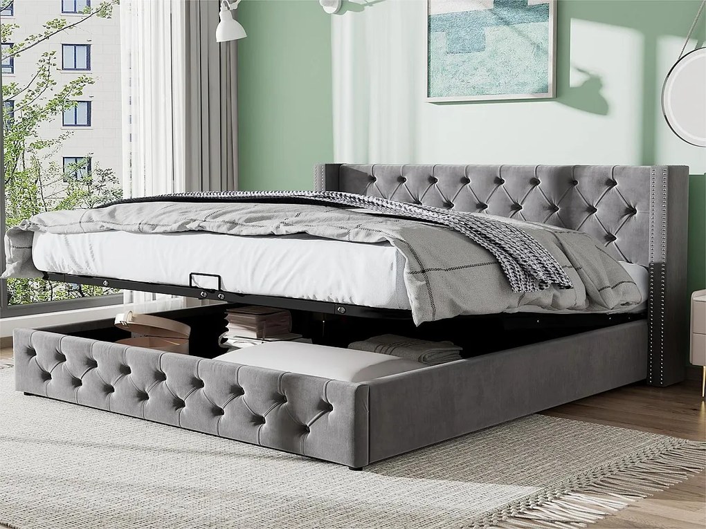 Łóżko 140x200cm z weluru z stelażem na listwy - Szare