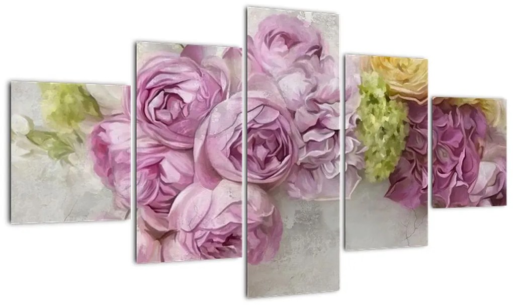 Obraz - Kwiaty na ścianie w pastelowych kolorach (125x70 cm)