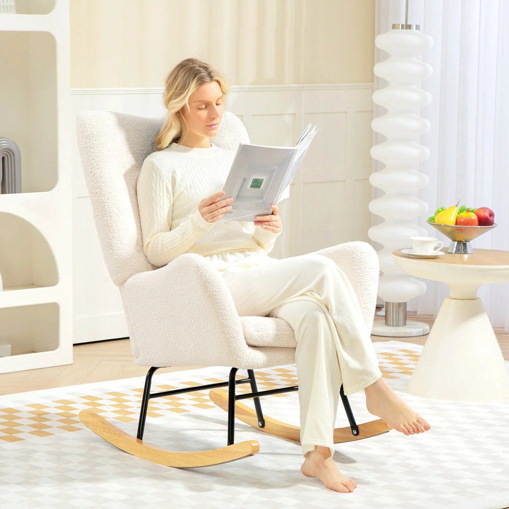 HOMCOM Fotel bujany z poduszką lędźwiową gruba wyściółka antypoślizgowy kremowy komfortowy | Aosom PL