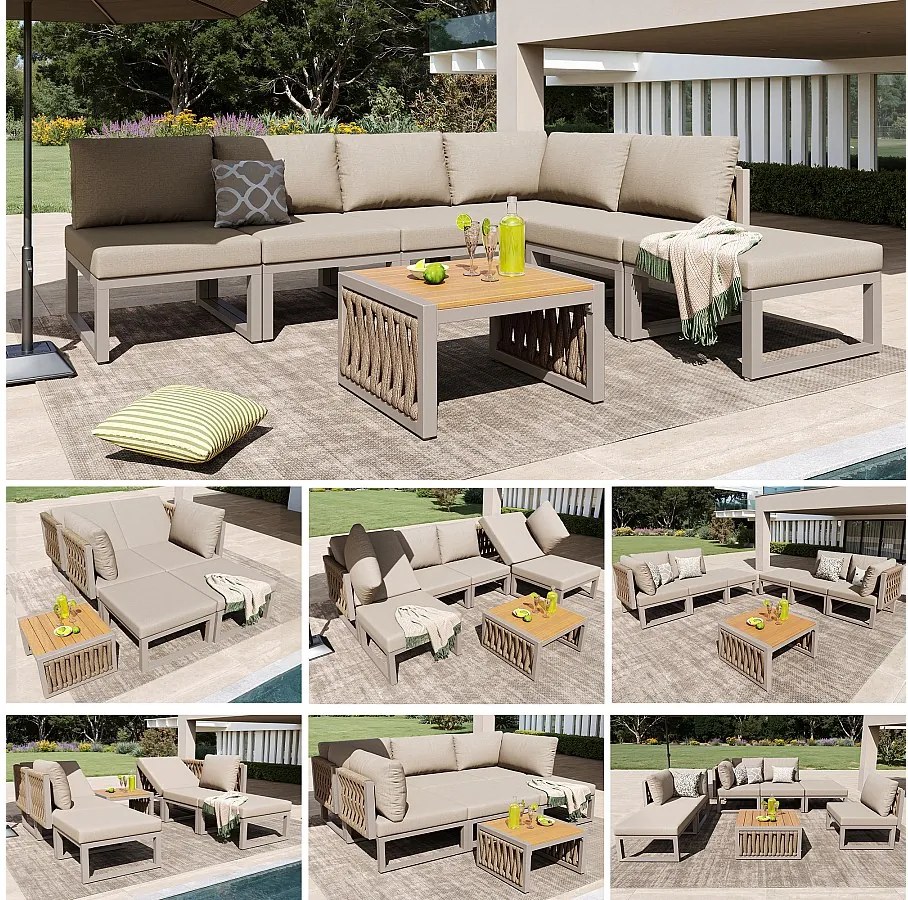 Zestaw mebli ogrodowych z poduszkami na siedzisko i oparcie dla 6 osób - leżak podwójny - metalowy - beżowy