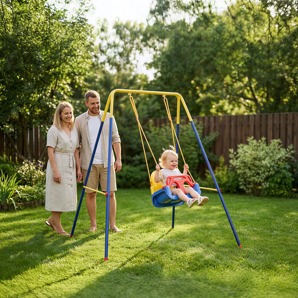 AIYAPLAY Składany stojak na huśtawkę, z ramą w kształcie litery A, 2 haki, 4 kotwy gruntowe, dla dzieci od 9 miesięcy do 8 lat, 128x155x157 cm, niebieski | Aosom PL