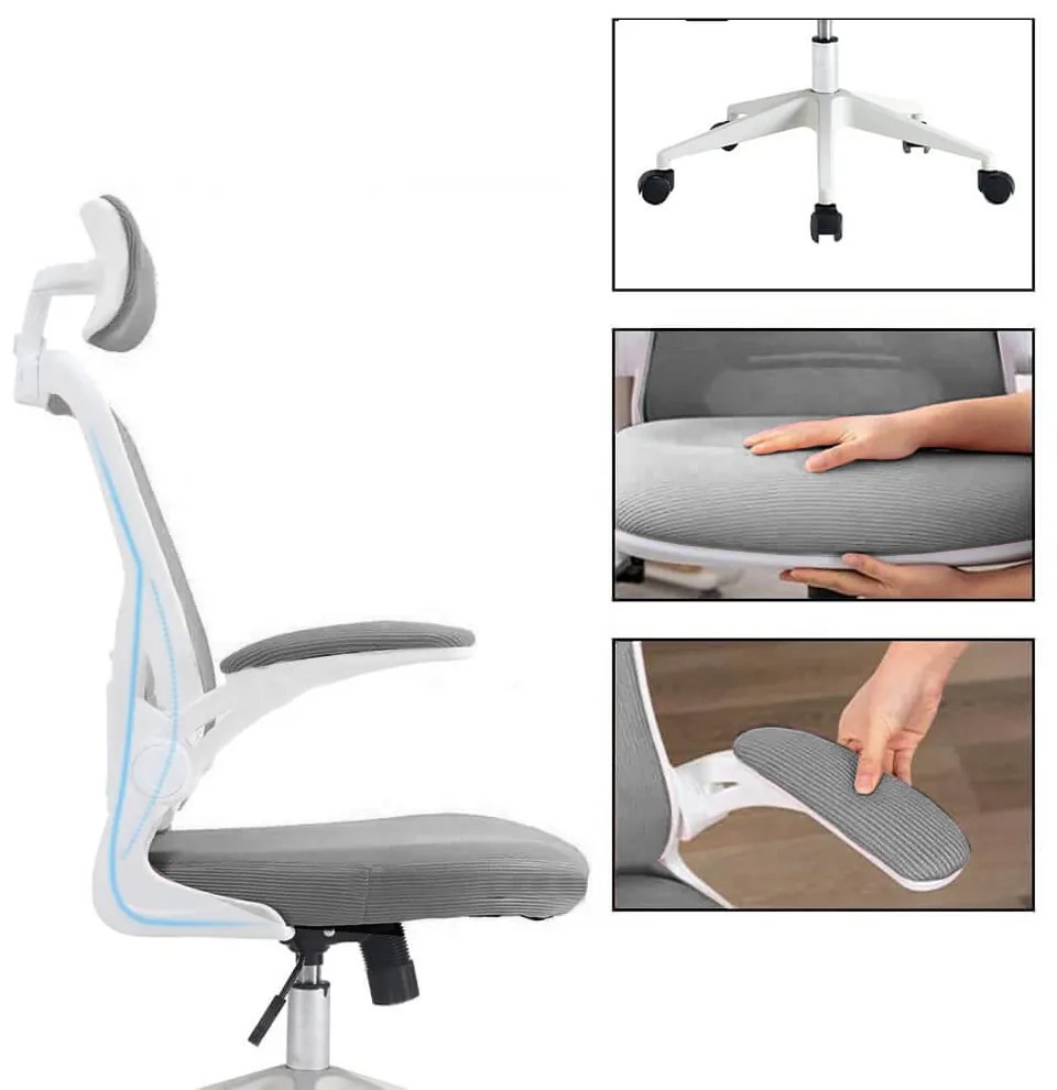 Ergonomiczny fotel biurowy z podparciem lędźwiowym i zagłówkiem, szary