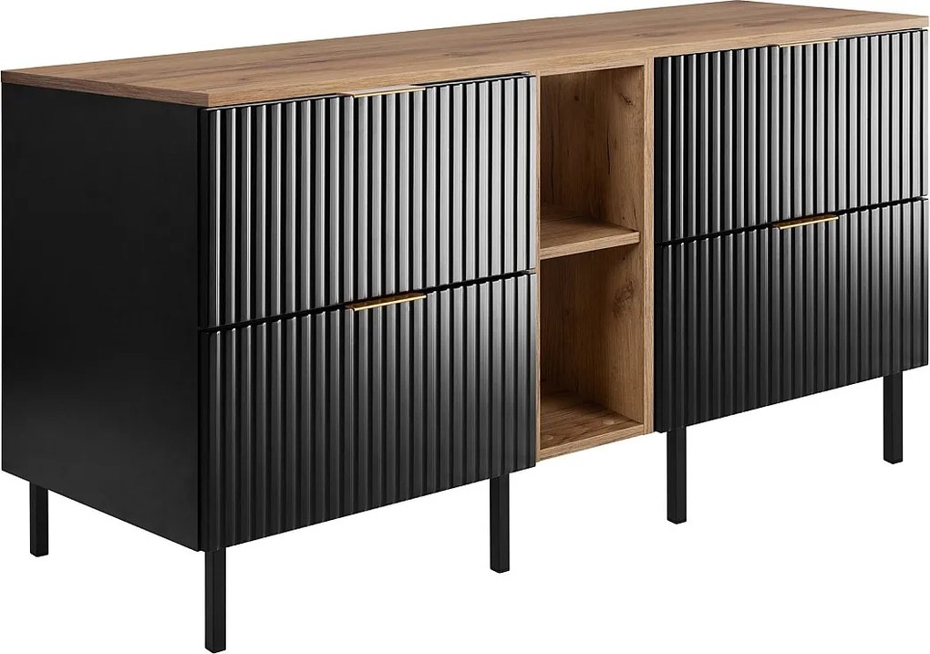 Szafka pod umywalkę, Czarny / Dąb Craft + złoty uchwyt, 140 x 77 x 46 cm, nogi czarne + Blat