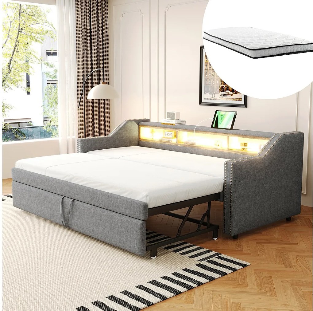 Rozkładana sofa - 90/180 x 190 cm - z półkami do przechowywania + diody LED + USB - len + płyta MDF - jasnoszara (z 2 materacami)
