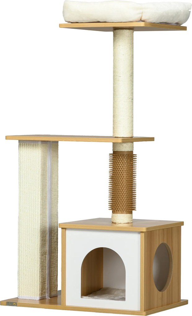 PawHut Drapak dla kota, koci domek, kocie łóżko, platforma, 59,5 cm x 39,5 cm x 114 cm, Brąz + Biały