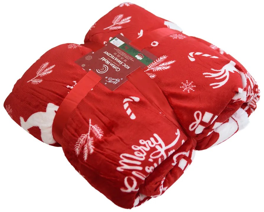 Świąteczny koc czerwony z mikropluszu z barankiem CANDY BELLS Rozmiar: 160 x 200 cm