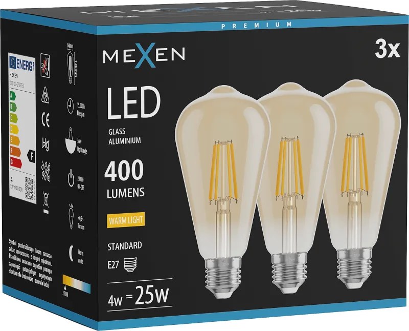 Mexen Vintis 3x żarówka filament LED E27, ST64, 4W, Ciepła - 2700K, 400 lm, amber - L152-E27-0427-50x03