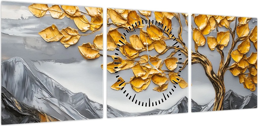 Obraz – Drzewo ze złotymi liśćmi (z zegarem) (90x30 cm)