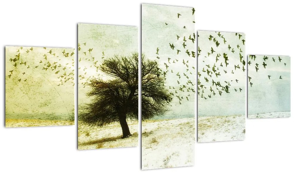 Obraz - Malowane stado ptaków (125x70 cm)