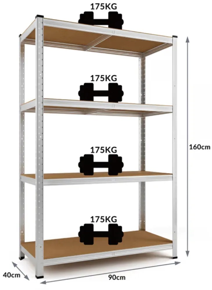 Regał o dużej nośności HEAVY, max. 700 kg, 90x40x160cm, srebrny Monzana