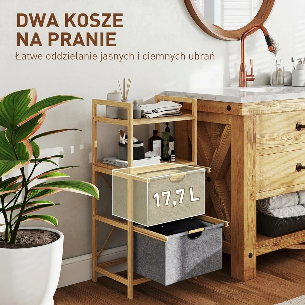 HOMCOM Regał na Pranie z Bambusa, z 2 Koszami na Tkaniny, Otwarte Półki, Oszczędzający Miejsce, Drewno Naturalne