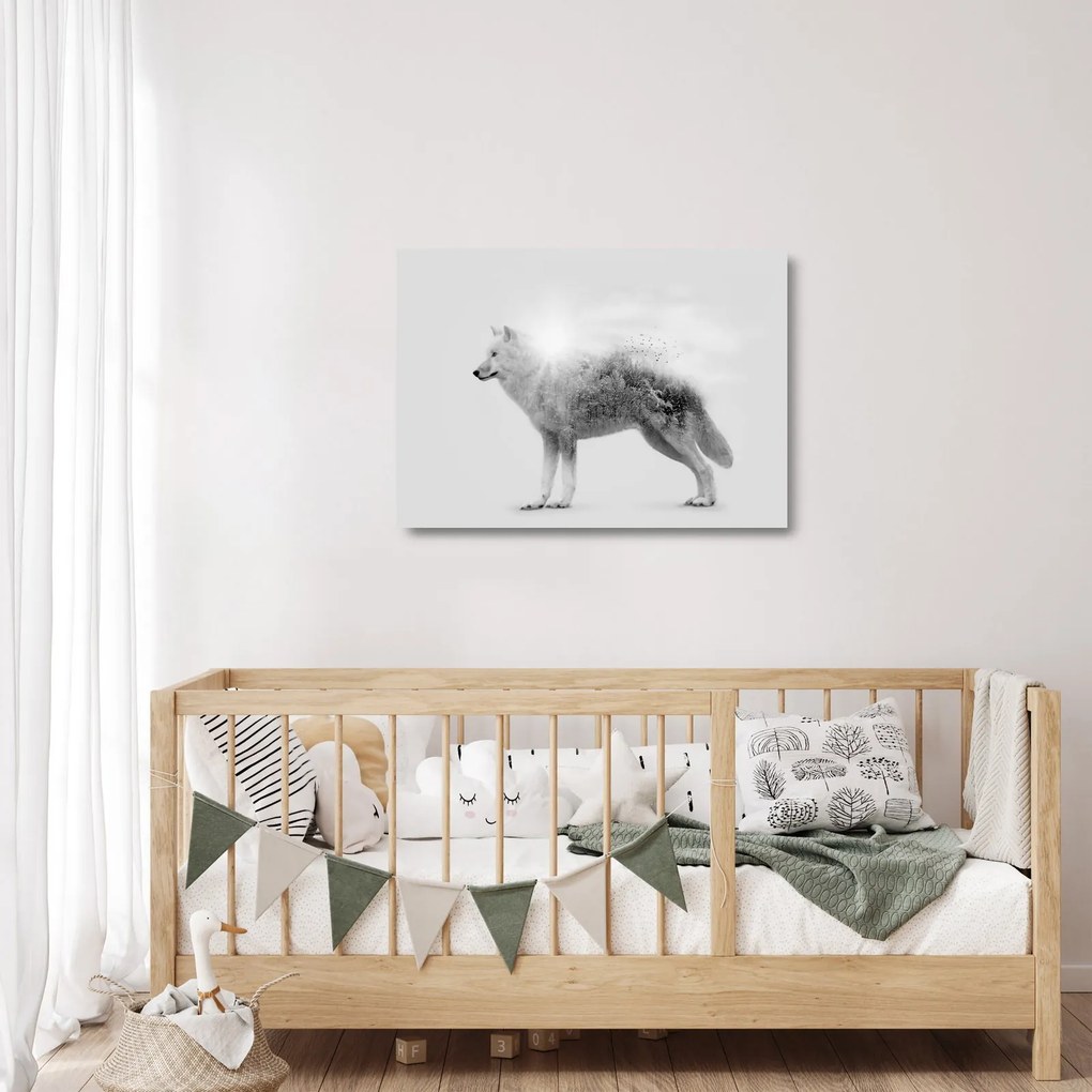 Obraz na szkle - Wilk arktyczny odzwierciedla dziki krajobraz (70x50 cm)