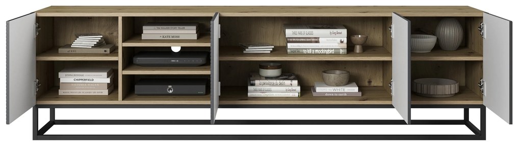 Szafka RTV Asha 200 cm z ryflowanym frontem i stelażem - artisan / rivier stone mat