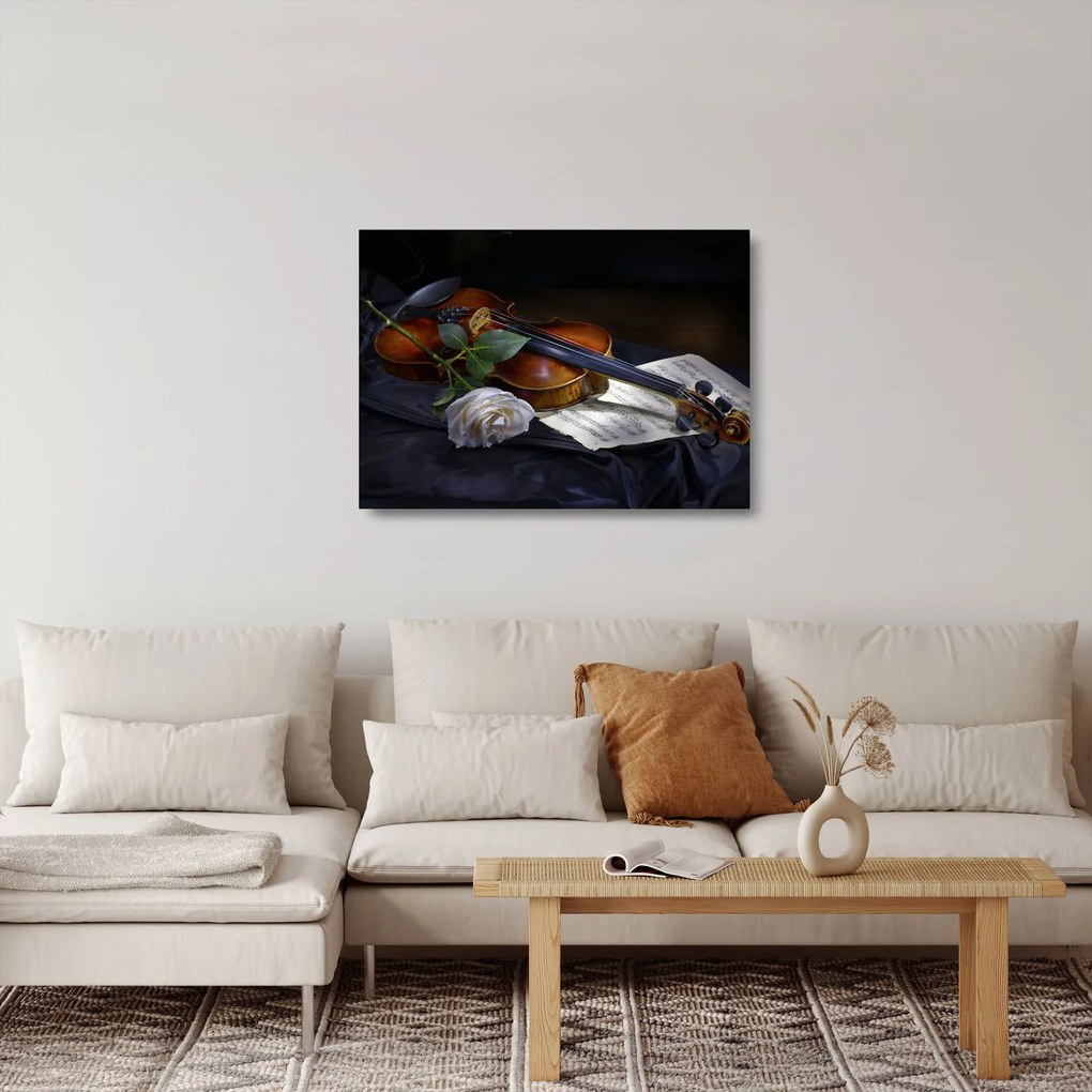 Obraz na szkle - Róże i skrzypce (70x50 cm)