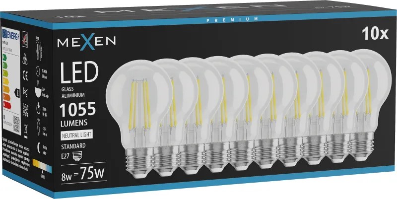 Mexen Vintis 10x żarówka filament LED E27, A60, 8W, Neutralna - 4000K, 1055 lm, clear - L150-E27-0840-00x10