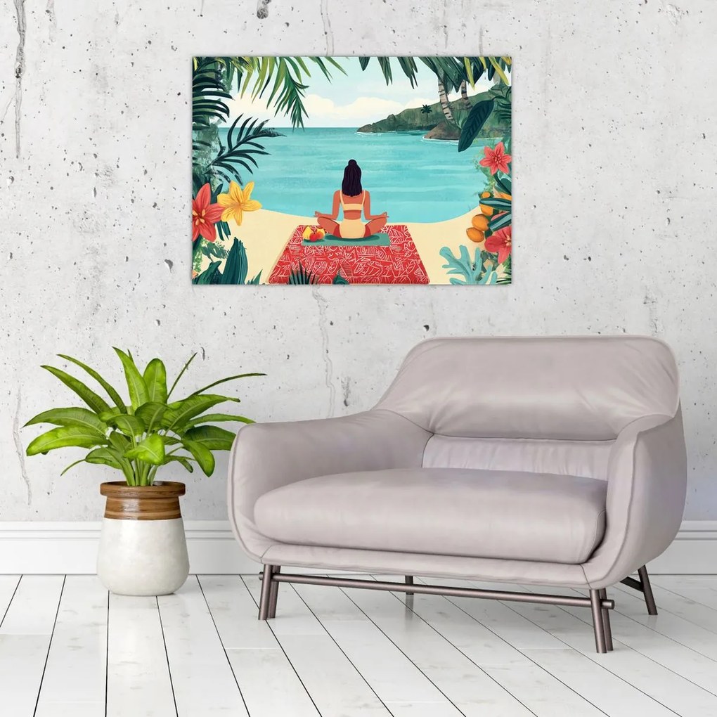 Obraz na szkle - Joginka na plaży (70x50 cm)