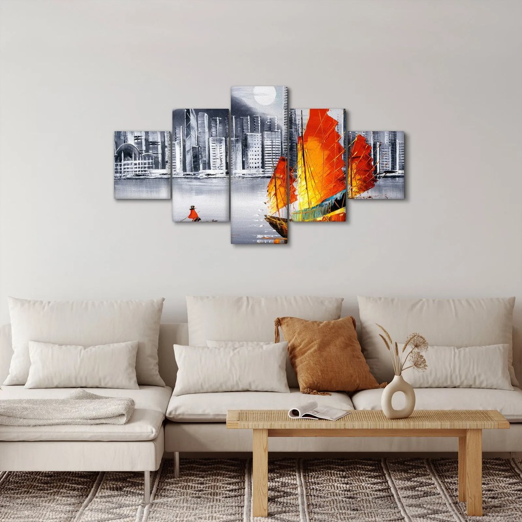 Obraz - Victoria Harbor, Hongkong, czarno-biały obraz olejny (125x70 cm)