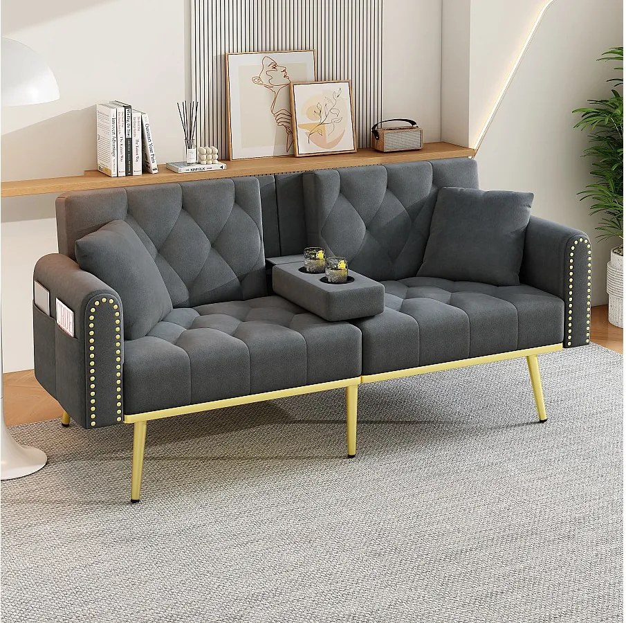 Sofa 2-osobowa rozkładana - 175 x 80 x 73,5 cm - 3 pozycje odchylenia i uchwyt na kubek - aksamitna - szara