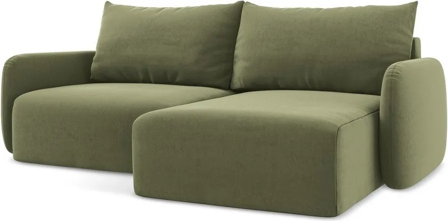 Zielony aksamitny rozkładany narożnik ze schowkiem (prawostronny/z szezlongiem) Kalena – Makamii