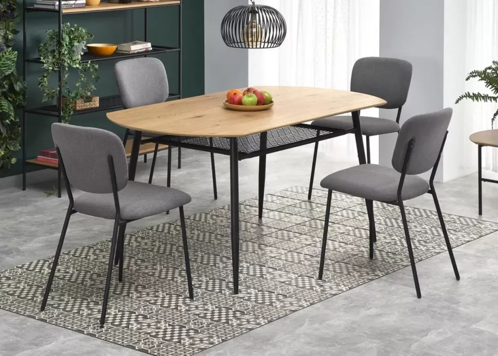 Zaowalony stół Vero 160 x 90 cm z eleganckim blatem w odcieniu złotego dębu i czarnymi nogami oraz półką pod blatem
