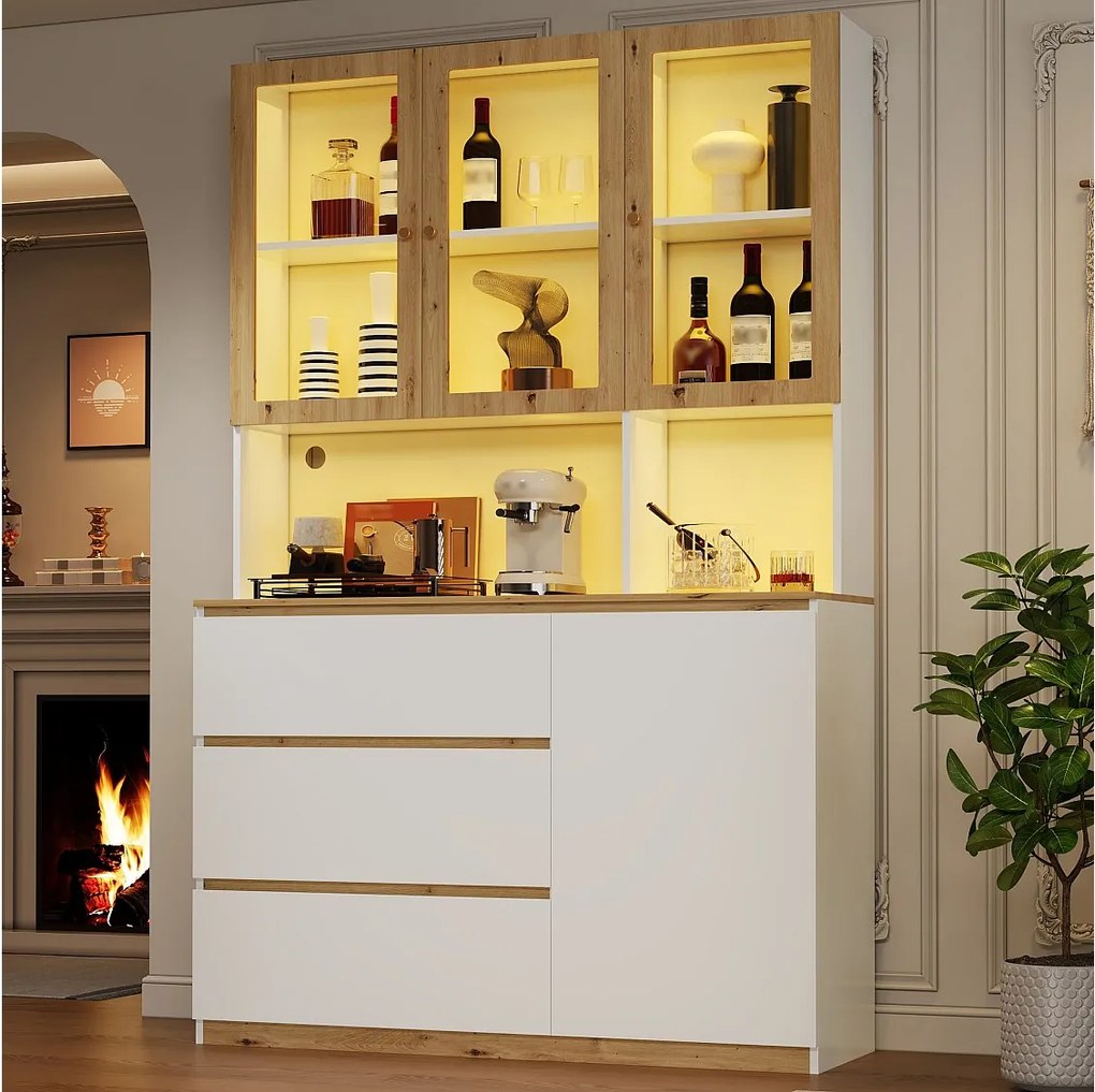 Nowoczesna witryna - 120 x 40 x 200 cm - z drzwiami szklanymi + diody LED + otwarta półka + 3 szuflady - płyta MDF - biała