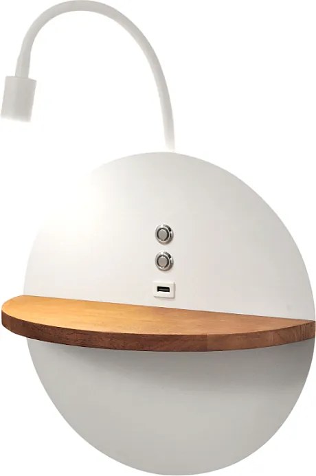 Dual - Kinkiet z półką i oświetleniem LED 15W Fabas Luce Ściemniacz dotykowy - Matowa biel z wbudowanym portem USB w kolorze drewna