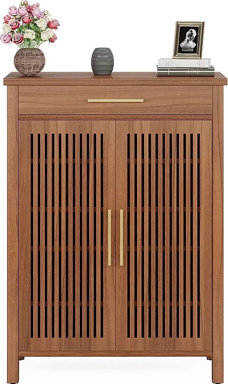 Wąska szafka na buty 5-poziomowa z drzwiami listwowymi i szufladą, 80 x 36 x 110 cm, brązowa