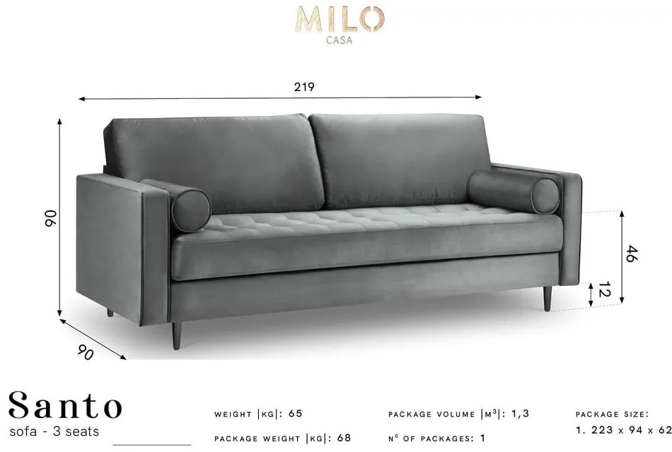Niebieska aksamitna sofa Milo Casa Santo, 219 cm