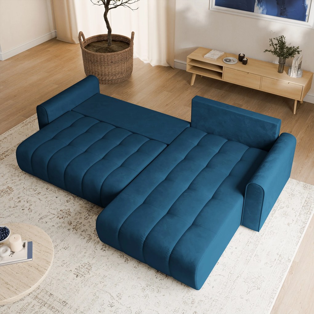 Masseno Narożnik FRIGA z funkcją spania i pojemnikiem na pościel Narozniki L, Rozkładana sofa - Niebieski, MONOLITH 77