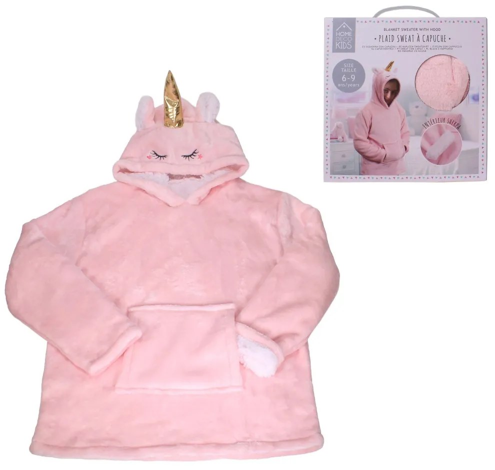 Dziecięcy koc bluza z rękawami i kapturem HOODIE UNICORN różowy