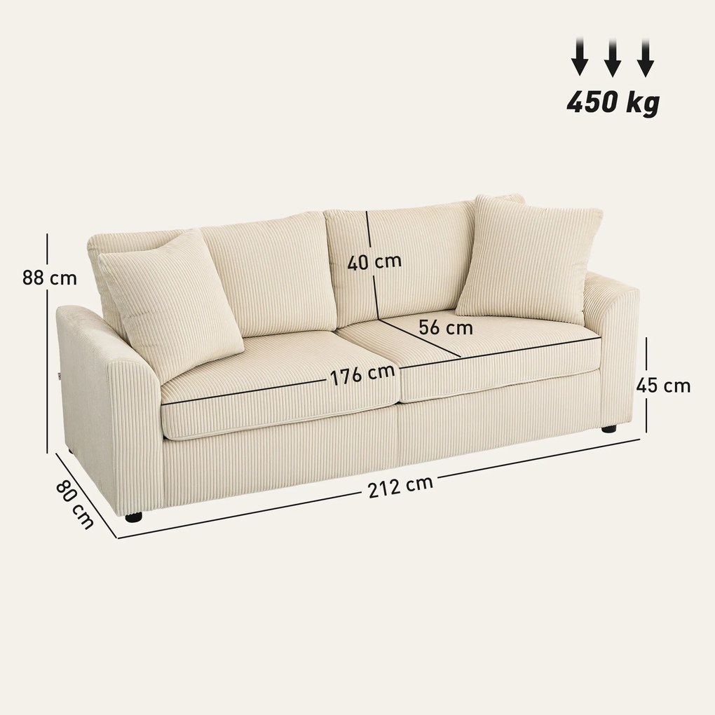 HOMCOM Sofa 3-osobowa z poduszkami dekoracyjnymi, Corduroy, do salonu, sypialni, szerokość 212 cm, Kremowa