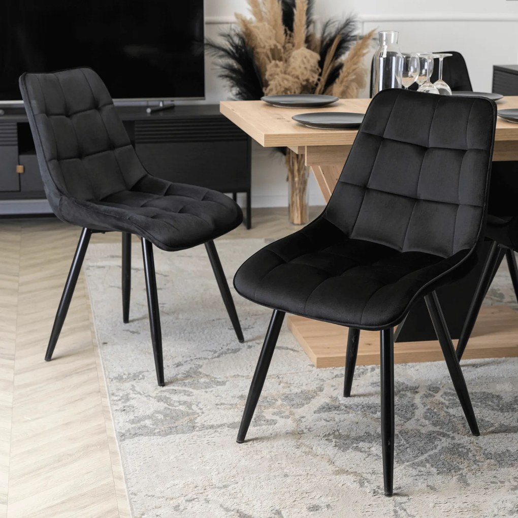 Zestaw Stół Prostokątny Rozkładany CLARK 120-160 cm Dąb Artisan/Czarny i 4 Krzesła Tapicerowane RIO Czarne Welurowe