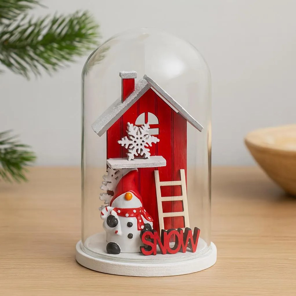 Kopuła szklana z drewnianym domkiem świątecznym, 12 cm