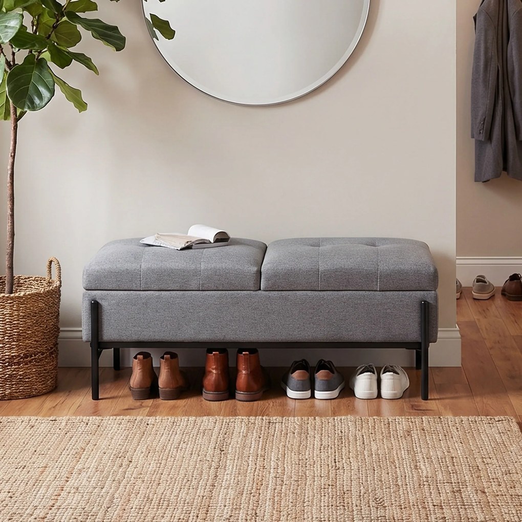 HOMCOM Skrzynia z tkaniny lnianej, ławka z 2 schowkami, składanymi klapami i ekstra grubą poduszką, 117 x 50 x 44 cm | Aosom PL