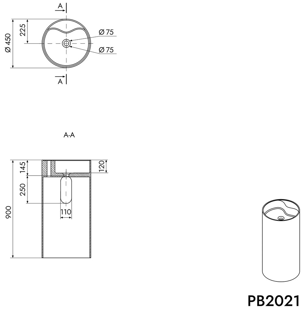 Umywalka wolnostojąca PB2021Odlew mineralny - Biały mat - Ø 45 x 90 cm