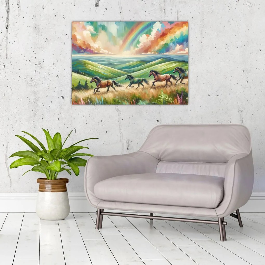 Obraz – Konie galopujące przez krajobraz (70x50 cm)