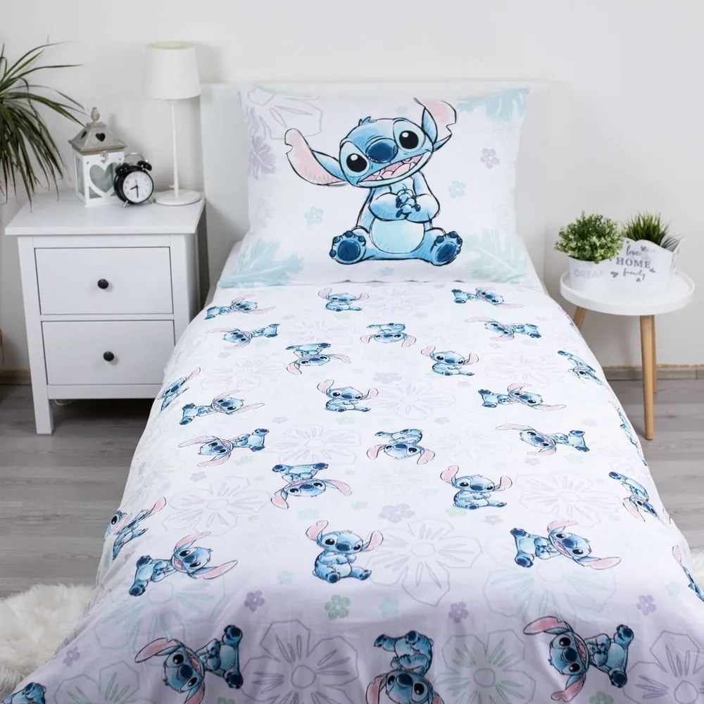 Biała bawełniana pościel dziecięca jednoosobowa 140x200 cm Lilo and Stitch "Ohana White" – Jerry Fabrics