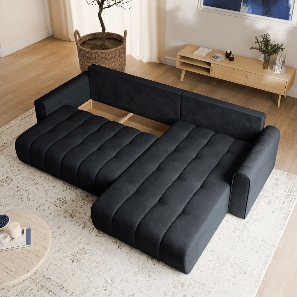 Masseno Narożnik FRIGA z funkcją spania i pojemnikiem na pościel Narozniki L, Rozkładana sofa - Czarny, MONOLITH 95