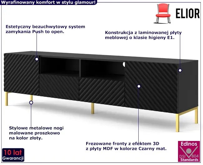 Szafka pod TV w stylu glamour czarny mat + złote nóżki - Resa 6X