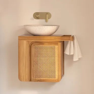 Zestaw Wiszących Mebli Łazienkowych Z Drewna Tekowego Georgy Drewno Tekowe & Cement Okrągły Biały Ø40 Cm - Sklum