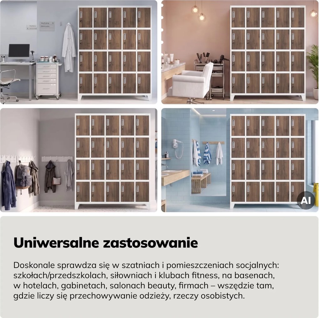 Szafa BHP 20-skrytkowa 136x45x172 cm Eco Design Robert, biały/orzech