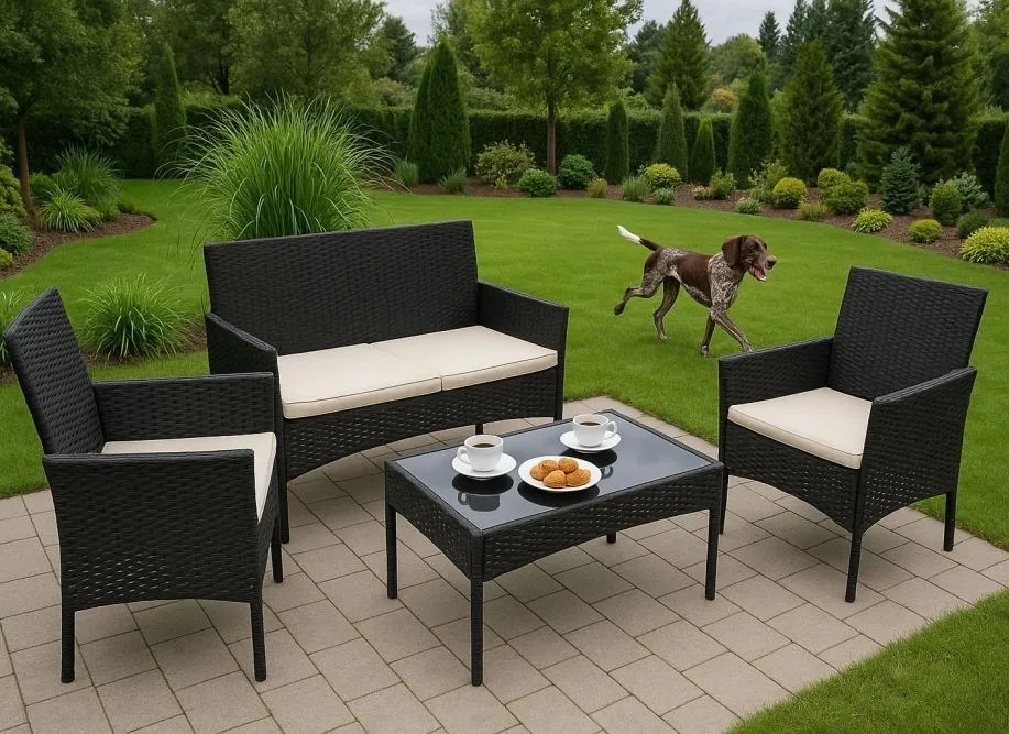 Zestaw mebli ogrodowych Livora 118 - 2 krzesła, sofa i stolik kawowy, kolor czarny