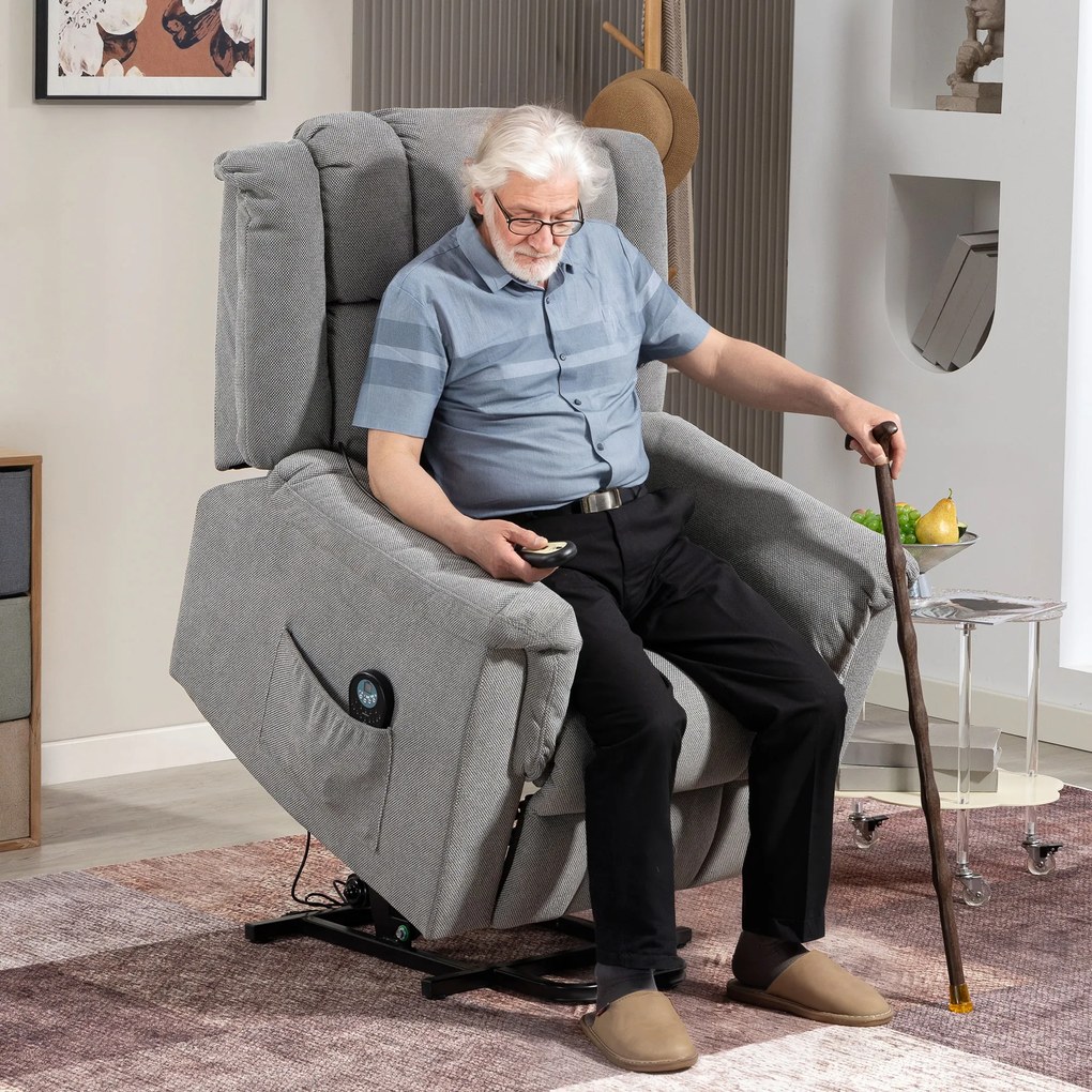 HOMCOM Fotel z Powerlift, Masujący z Funkcją Ciepła, Fotel z Podnóżkiem i Boczną Kieszenią, Obicie z Tkaniny, Ciemnoszary